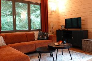 a living room with a couch and a tv at Jesse's Log Cabin in Norg