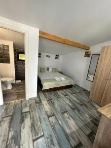 Un dormitorio con una cama y un baño con lavabo. en VILA ONEIRO, en Vama Veche