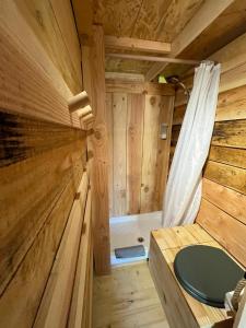 a wooden cabin with a toilet and a shower at La Cabane de l'Orpailleur in Gravières +8 photos