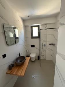 een badkamer met een wastafel en een douche bij Skiathos Bliss Villa in Skiathos-stad