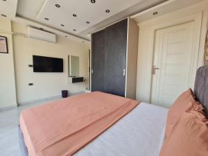 埃兹贝特Pyramids Sunrise View Hotel的一间卧室，墙上有一张床和一台电视