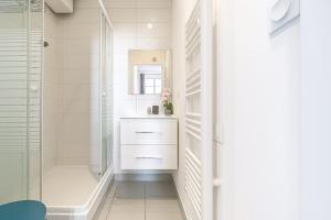 a bathroom with a walk in shower and a sink at Le Nid de Perrache Comfortable and Stylish Studio in Lyon