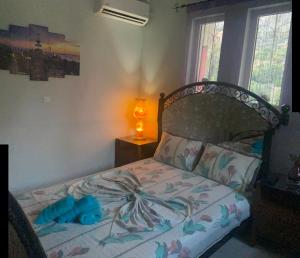 a bedroom with a bed with a blue stuffed animal on it at Sunnyhomes Kryoneri in Mesochórion