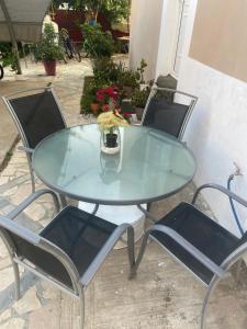 a glass table and chairs with a potted plant on it at Sunnyhomes Kryoneri in Mesochórion