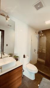 a bathroom with a toilet and a sink and a shower at Apartamento Zona 10 in Estación Pamplona