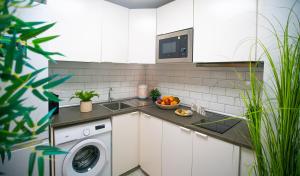 a kitchen with a washing machine and a sink at Executive Studio Comfort - Malaga Center in Málaga
