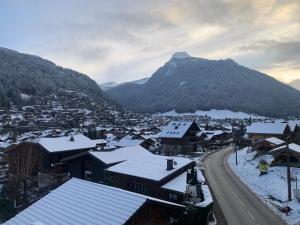 a town with snow covered roofs and a mountain at Hotel Le Concorde in Morzine