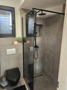 a shower with a black toilet in a bathroom at TheTomonina house with pool in Split +28 photos