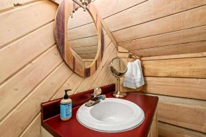 a bathroom with a sink and a mirror at Unique Charm, Central Location, Hot Tub, Games in Sevierville +39 photos