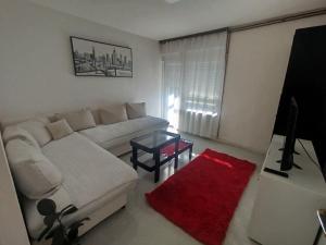 a living room with a white couch and a red rug at Novi dom in Gornji Milanovac
