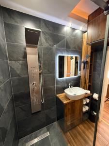 a bathroom with a sink and a shower at Casa Lara Apartman in Egerszalók +23 photos