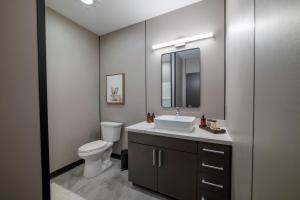 a bathroom with a white sink and a toilet at Stylish Carousel City loft Binghamton NY in Vestal