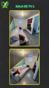two pictures of a room with a bed and a couch at Republica Trem de Doido in Ouro Preto