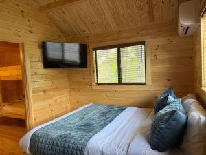 a bedroom with a bed and a flat screen tv at Tiny Cabin #3 by Windham NY Escape 'Forest View' in Hensonville