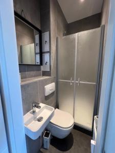 Un baño con inodoro, lavabo y ducha. en Pretty Home D10 Small&Smart, en Chemnitz