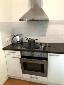 eine Küche mit Herd mit Töpfen und Pfannen in der Unterkunft Manuela 12 by SMR Rauris Apartments - inc Spa and near Gondola in Rauris + 29 Fotos