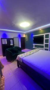 a bedroom with a bed and a couch and purple lights at Mountain View Villa in Freetown