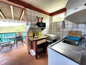 a kitchen with a sink and a table at Lémeraude - nature calme et déconnexion in Le Diamant