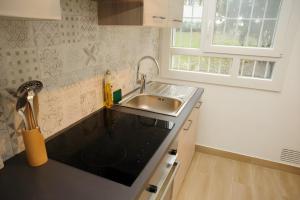 a small kitchen with a sink and a window at Grand T2 proche Créteil Soleil et métro ! in Créteil +15 photos