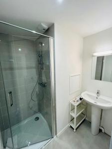 a bathroom with a glass shower and a sink at We Live In R - Suite 204 in Reims