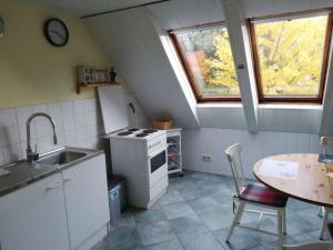 eine Küche mit einer Spüle, einem Herd und einem Tisch in der Unterkunft Apartment at the Knappensee in Groß Särchen in Neufriedersdorf + 28 Fotos