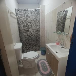 Un baño con ducha, inodoro y lavabo. en Lar, doce mar., en Paraty