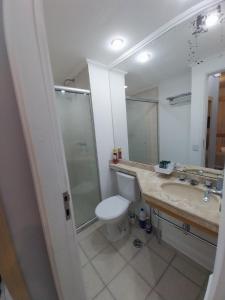 a bathroom with a toilet and a sink and a shower at Flat Transamerica4 bela cintra com estacionamento in Sao Paulo
