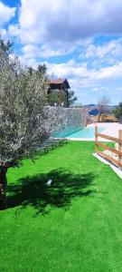 een groene tuin met een hek en een zwembad bij Villa estilo Mediterráneo in Calpe