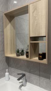 a bathroom sink with a mirror above a sink at Homely Stays, Ruaka in Nairobi