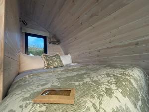 a bed in a tiny house with a wooden wall at Danu Resort in Castlerock