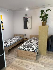 une chambre avec deux lits et une plante en pot dans l'établissement Murano Apartaments City Center, à Varsovie