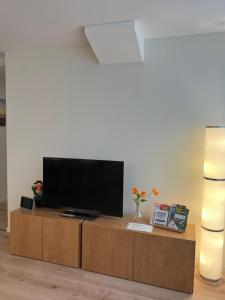 a flat screen tv sitting on top of a wooden entertainment center at Haus Ostwind - Wohnung 3 in Dahme