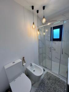 a white bathroom with a toilet and a shower at Sequeira Arantes Casa 2 in Terras de Bouro +22 photos