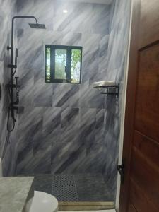 a bathroom with a shower with a toilet and a window at The CozyNest Camiguin Homestay in Mambajao +9 photos