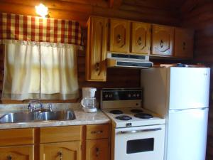 a kitchen with a sink and a white refrigerator at Cajun Cedar Log Cottages in Margaree Forks