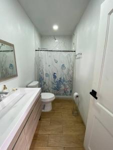 Un baño con ducha, inodoro y lavabo. en Casa Francisca, en Alegría 26 fotos más