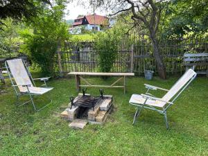 twee stoelen en een picknicktafel en een grill in een tuin bij Čičmanský ľudový dom in Čičmany
