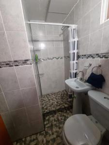 Un baño con inodoro, ducha y lavabo. en El depa de Natalia a min de aeropuerto y estadio GNP, en Ciudad de México 33 fotos más