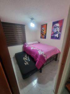1 dormitorio con 1 cama con edredón rosa en El depa de Natalia a min de aeropuerto y estadio GNP, en Ciudad de México