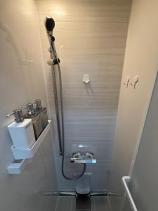 a small bathroom with a toilet and a shower at Guesthouseあいみ in Amami +12 photos