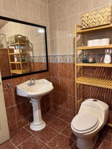 a bathroom with a sink and a toilet and a mirror at Departamento Amueblado Jazmin in Monclova