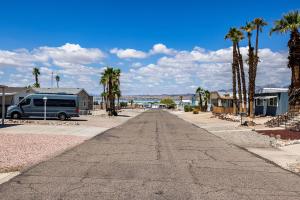 an empty street with palm trees and a van at Lake Havasu Oasis in Lake Havasu City