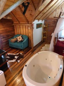 a bathroom with a tub and a dog bed in a room at Refúgio Morada do Rei in Rio dos Bugres