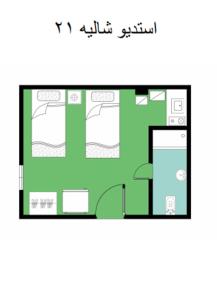 un dessin d'un plan d'étage d'une maison dans l'établissement R1 CH21 studio 2 beds poolside garden terrace Green Beach, à El Alamein