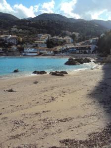 a view of a beach with a town in the background at Fetsis Apartments in Agios Nikitas