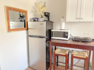 a kitchen with a refrigerator and a table with a microwave at Mellow Kuhio Village Studio condo in Honolulu