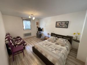 ein Schlafzimmer mit einem Bett und einem Stuhl darin in der Unterkunft Bel appartement T3 avec balcon sud et wifi, proche pistes - FR-1-787-130 in Laveissière