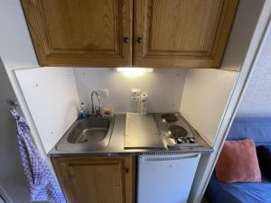 una piccola cucina con lavandino e armadi in legno di Charmant Duplex pour 5 pers., Wi-Fi & Parking au Lioran - FR-1-787-108 a Laveissière