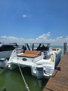 un barco blanco está atracado en un muelle en Barco privado de lujo para tu familia y amigos en Cancun-isla mujeres, en Cancún
