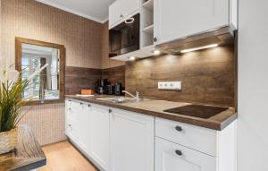 eine Küche mit weißen Schränken und einer Spüle in der Unterkunft Baltischer Hof Apartment 49 in Boltenhagen